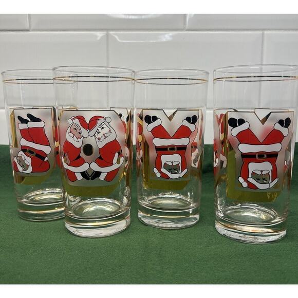 Culver Signed Santa Gold JOY Highball Glasses G. Litvak Set Of 4 - Picture 1 of 11
